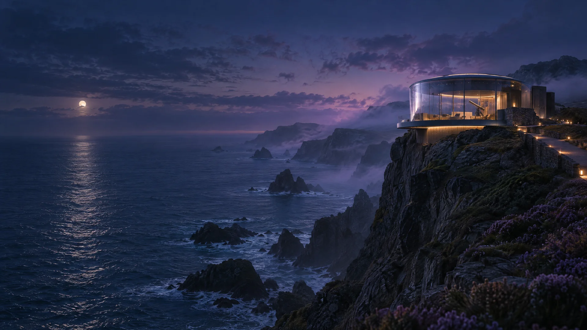 A glass house on a cliff above a moonlit sea