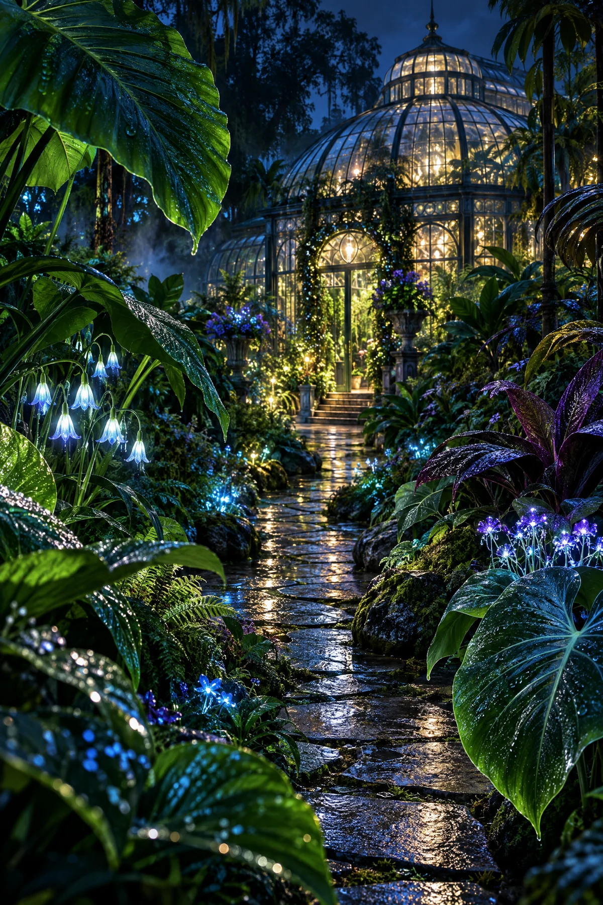 A glowing glass greenhouse in a night garden